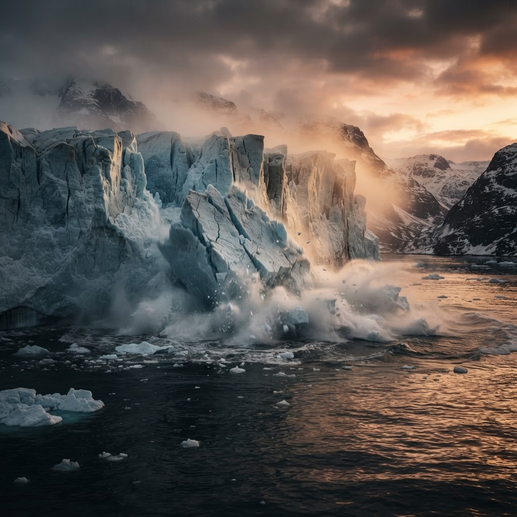 Glacier calving into the arctic ocean, volumetric fog, deep blue ice wall, golden hour