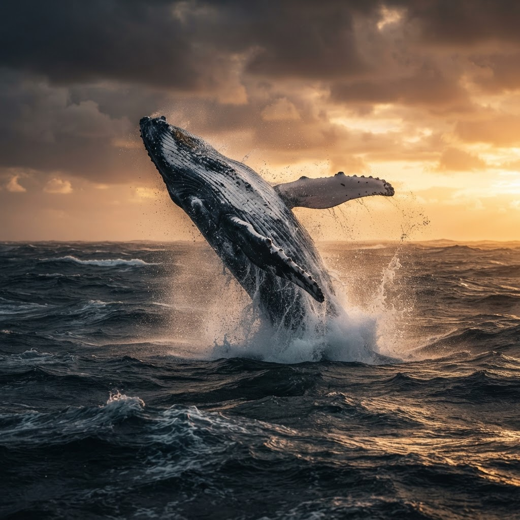 A humpback whale breaches from stormy ocean waves at golden hour, cinematic slow motion